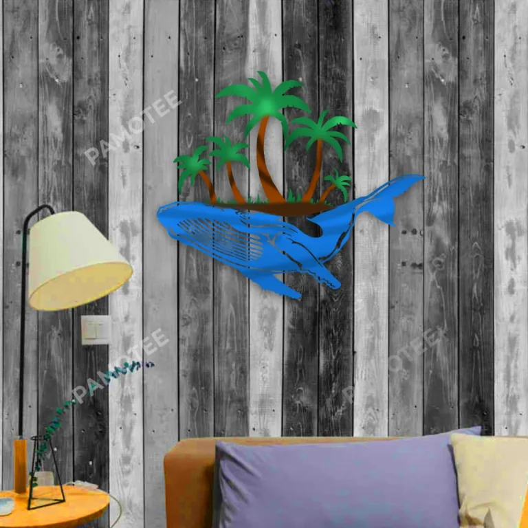 Blue Whale With Island On The Back Color Metal Sign, Blue Whale Evergreen Decoration