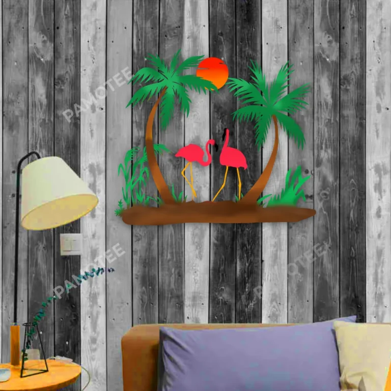 Couple Flamingo Beach Metal Wall Art Design, Summer Door Hanging