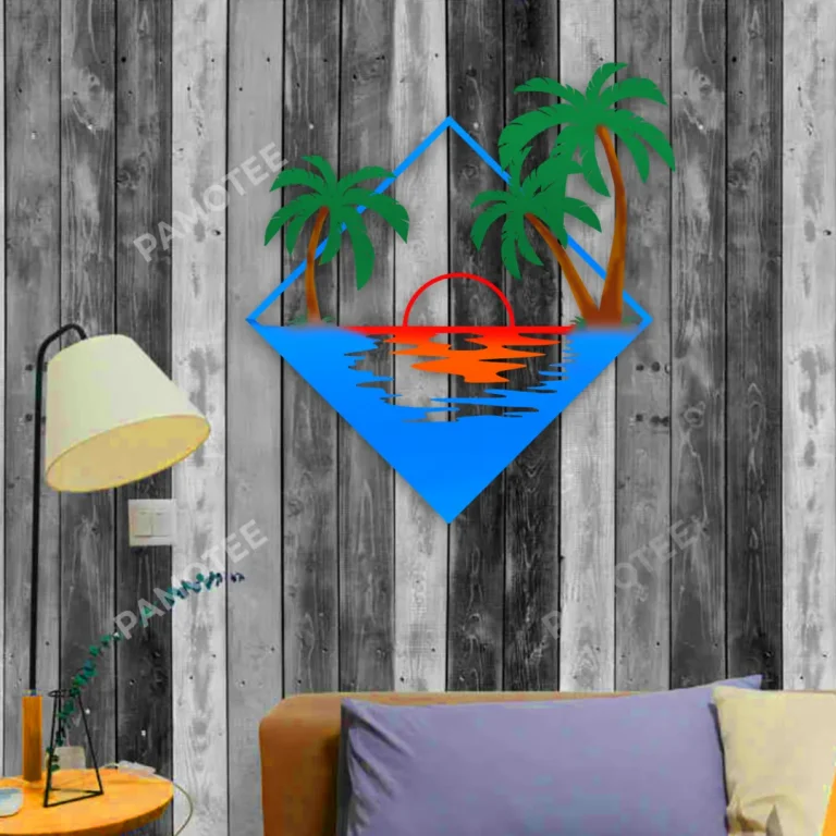 Palms On Beach Rhombus Metal Art, Palm Indoor Decoration