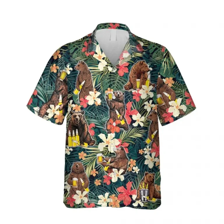 Bear Floral Hawaii Shirt, Camping Shirt, Beach Clothing, Aloha Shirt For Mens, Womens