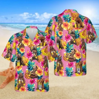 Funny Bear Pink Hawaii Shirt, Vintage Camping Shirt, Aloha Shirt For Mens, Womens