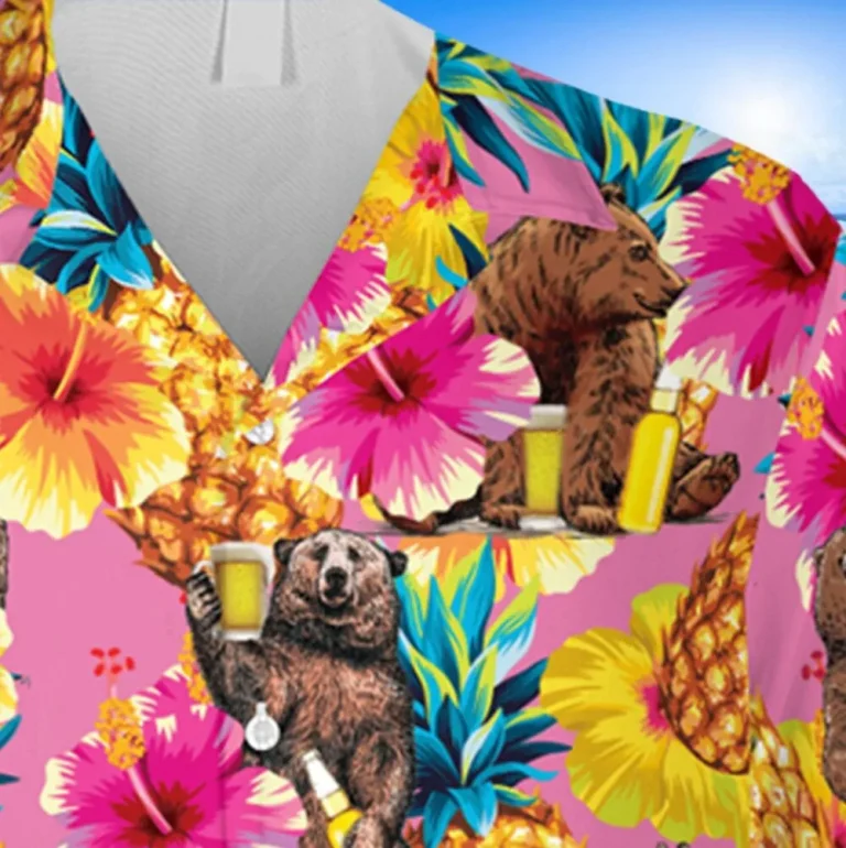 Funny Bear Pink Hawaii Shirt, Vintage Camping Shirt, Aloha Shirt For Mens, Womens