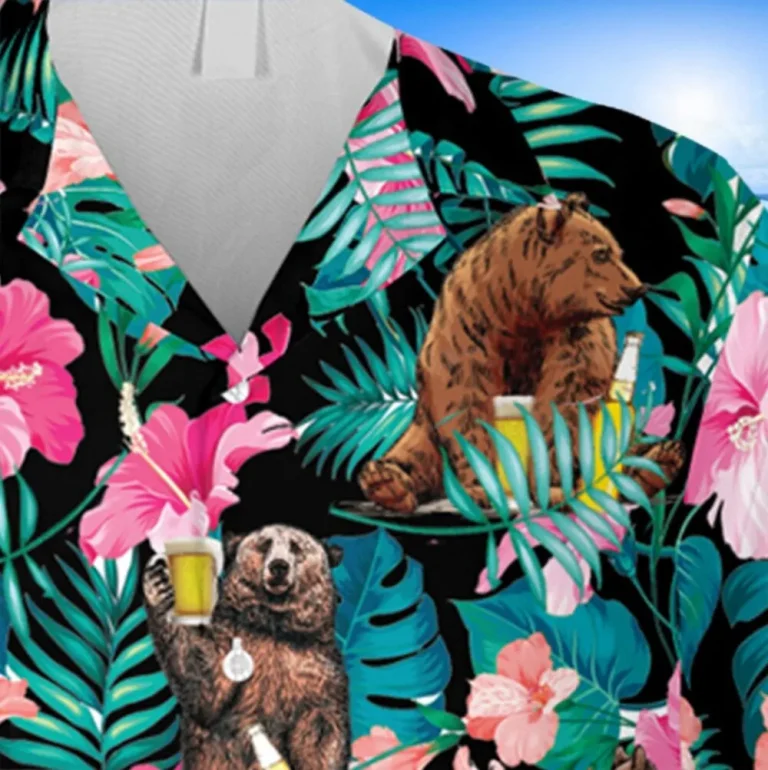 Drunk Bear Hibicus Flowers Hawaiian Shirt, Brewery Summer Outfit, Aloha Shirt For Mens, Womens