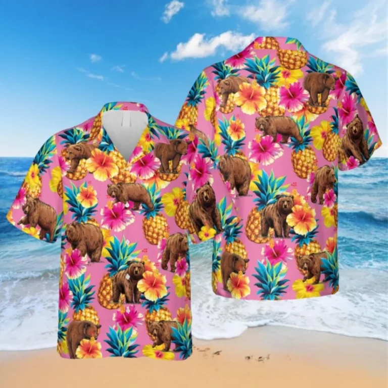 Pink Hibicus And Bear Hawaii Shirt, Gift For Her, Aloha Shirt For Mens, Womens