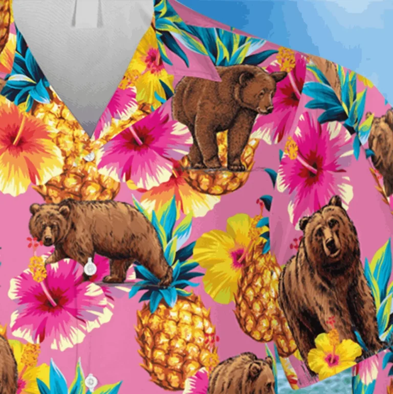 Pink Hibicus And Bear Hawaii Shirt, Gift For Her, Aloha Shirt For Mens, Womens