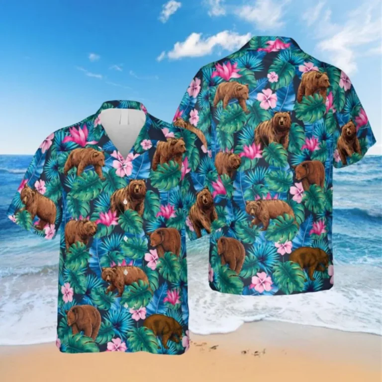 Hibicus Flowers Bear Hawaiian Shirt, Shirt For Men, Aloha Shirt For Mens, Womens