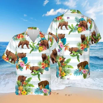 Floral Bear White Hawaiian Shirt, Vintage Shirt For Men, Aloha Shirt For Mens, Womens