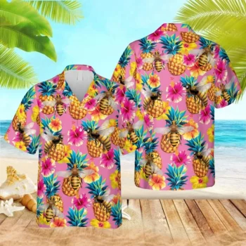 Bee, Fruits And Plants Pink Hawaiian Shirt, Gift For Beekeeper, Aloha Shirt For Mens, Womens