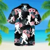 Floral Bigfoot And American Flag Black Hawaii Shirt, Vintage Clothing, Aloha Shirt For Mens, Womens