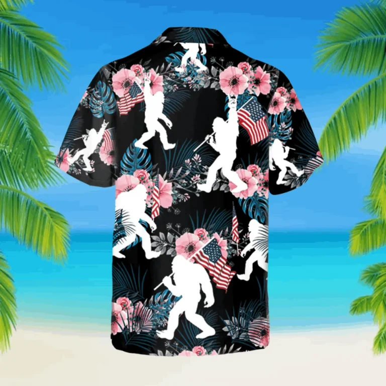 Floral Bigfoot And American Flag Black Hawaii Shirt, Vintage Clothing, Aloha Shirt For Mens, Womens