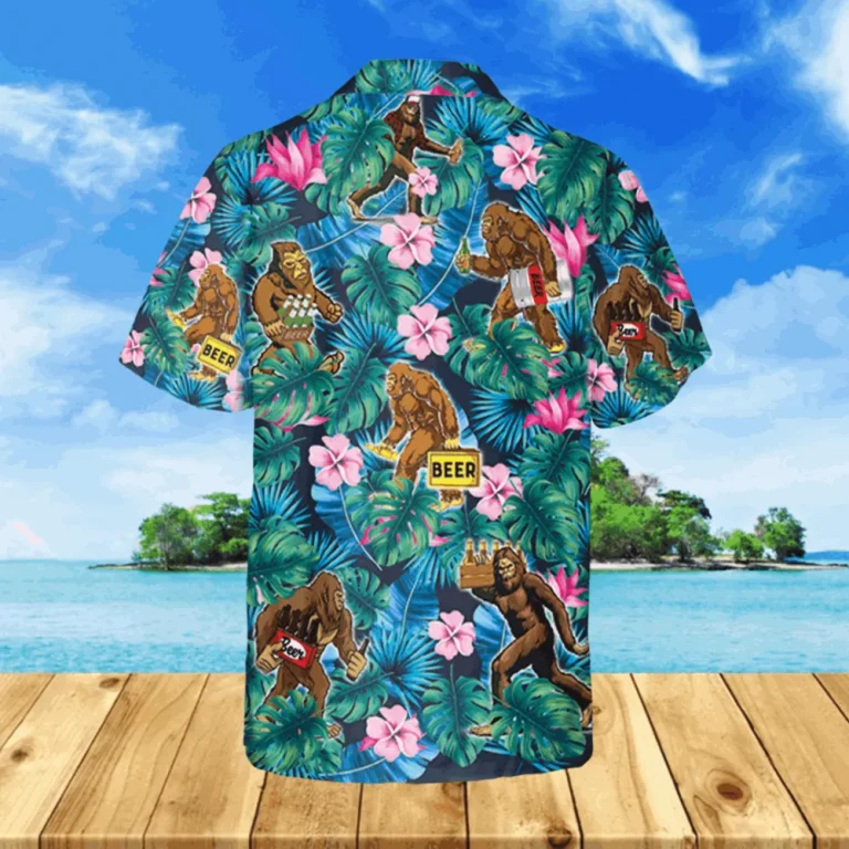 Drunk Bigfoot And Hibicus Flowers Blue Hawaii Shirt