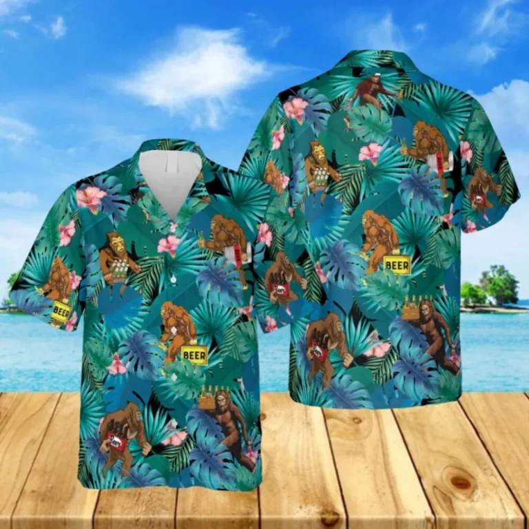 Bigfoot Hibicus Hawaii Shirt, Bigfoot Drinks Beer Apparel, Aloha Shirt For Mens, Womens