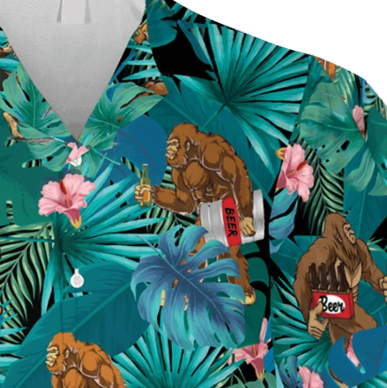 Bigfoot Hibicus Hawaii Shirt, Bigfoot Drinks Beer Apparel, Aloha Shirt For Mens, Womens