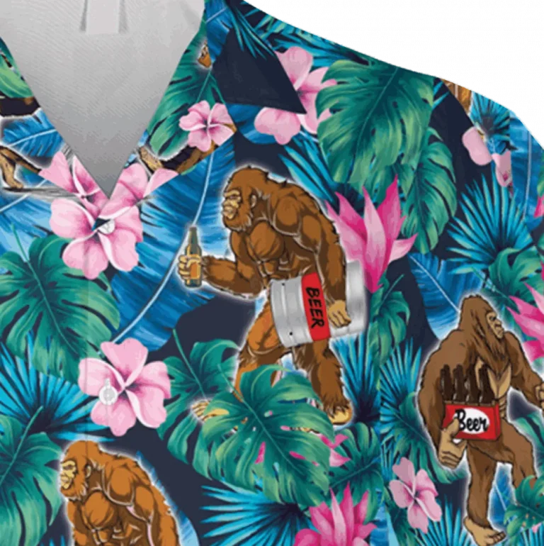 Drunk Bigfoot And Hibicus Flowers Blue Hawaii Shirt