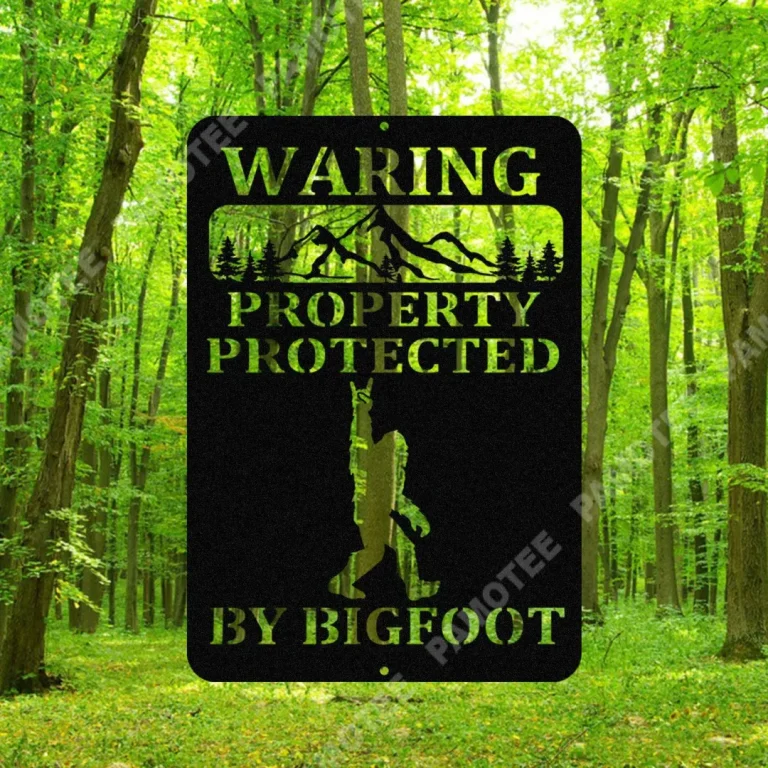 Warning Property Protected By Bigfoot Metal Sign, Funny Cabin Sign
