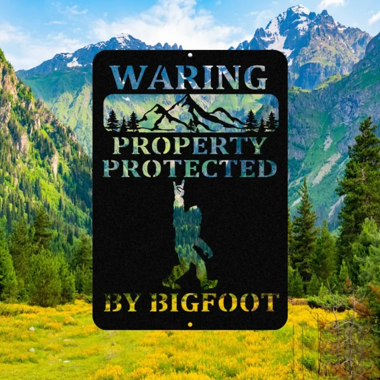 Warning Property Protected By Bigfoot Metal Sign, Funny Cabin Sign