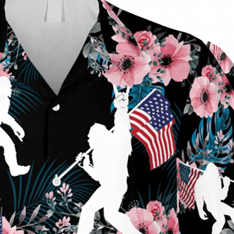 Floral Bigfoot And American Flag Black Hawaii Shirt, Vintage Clothing, Aloha Shirt For Mens, Womens