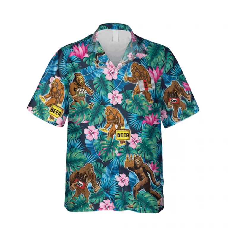 Drunk Bigfoot And Hibicus Flowers Blue Hawaii Shirt