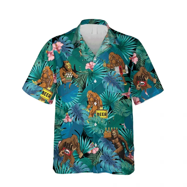 Bigfoot Hibicus Hawaii Shirt, Bigfoot Drinks Beer Apparel, Aloha Shirt For Mens, Womens