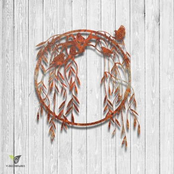 Birds And Willow Wreath Rustic Metal Garden Art, Willow Steel Art For Fence