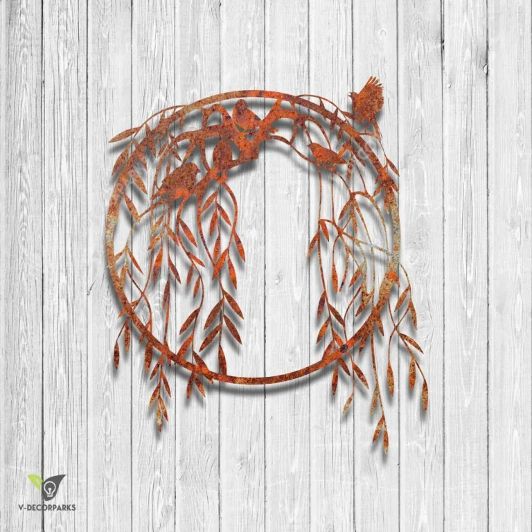 Birds And Willow Wreath Rustic Metal Garden Art, Willow Steel Art For Fence