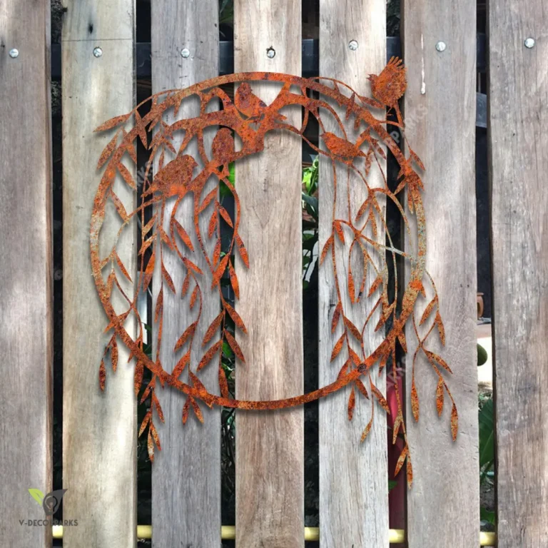 Birds And Willow Wreath Rustic Metal Garden Art, Willow Steel Art For Fence