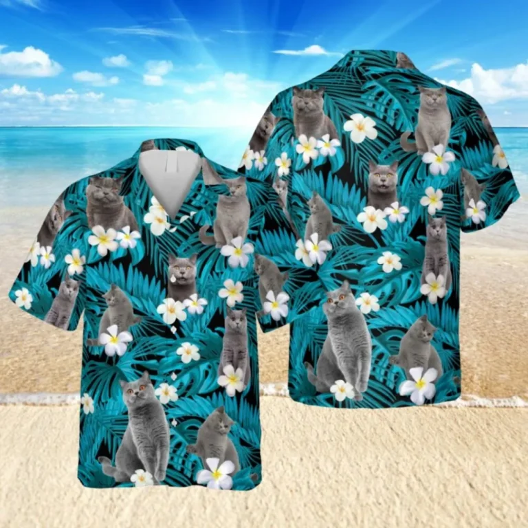 Floral Gray British Shorthaired Cat Hawaii Shirt, Tommy Bahama Hawaiian Shirts, Aloha Shirt For Mens, Womens