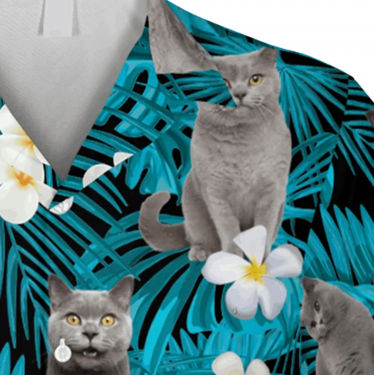 Floral Gray British Shorthaired Cat Hawaii Shirt, Tommy Bahama Hawaiian Shirts, Aloha Shirt For Mens, Womens