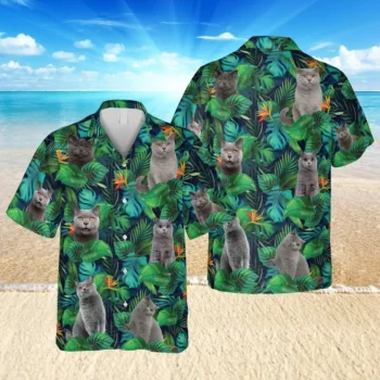 Gray Shorthair Cat Green Hawaii T-shirt, Tactical Hawaiian Shirt, Aloha Shirt For Mens, Womens