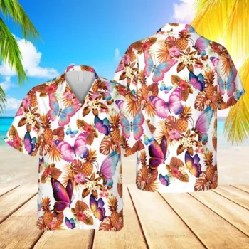 Pink Butterflies Hawaii T-shirt, Travel Outfit For Him, Aloha Shirt For Mens, Womens