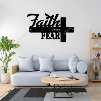 Faith Over Fear Cross Horizontal Metal Art, Faith Over Fear Jesus Christ Decorative Wall Hanging Metal Sign