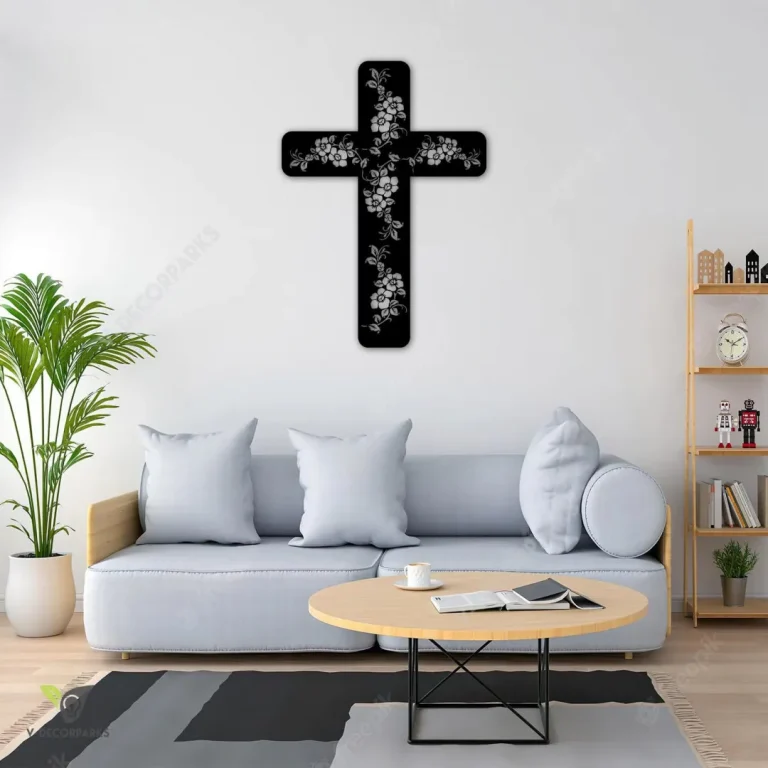 Cross And Flowers Metal Wall Decoration, Jesus Christ Inner Accent Metal Sign