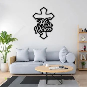 He Is Risen Jesus Cross Metal Art, God Welded House Decor Metal Sign