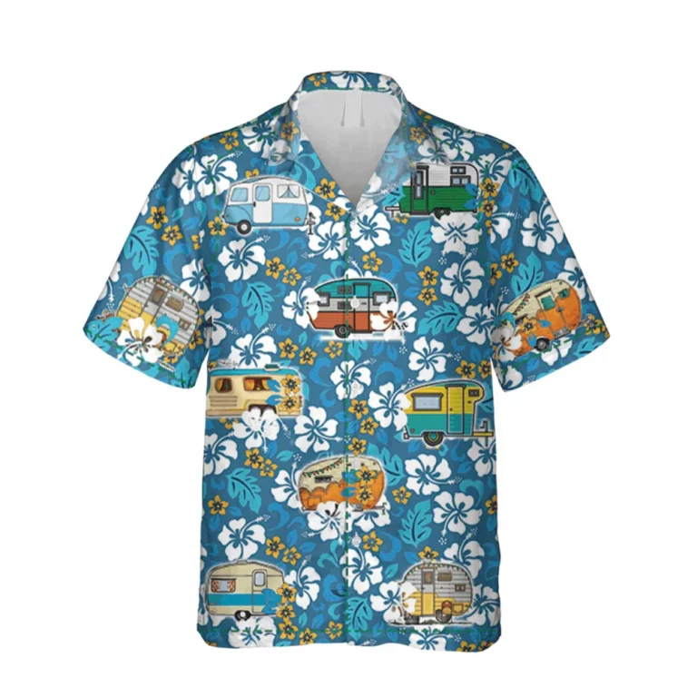 Flowers And Campers Blue Hawaiian Shirt, Gift For Husband, Aloha Shirt For Mens, Womens