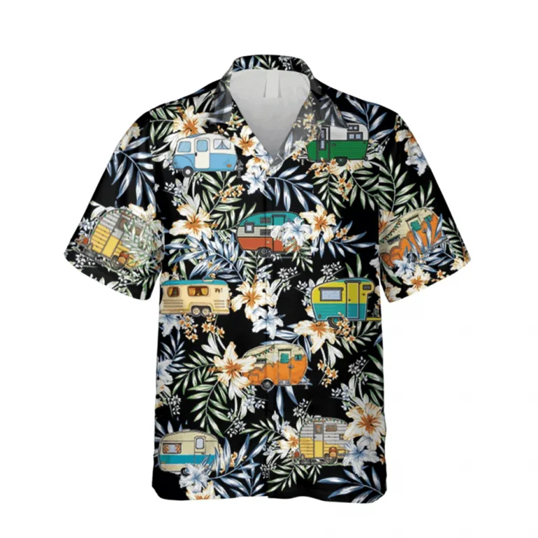 Floral Campers Black Hawaiian Shirt, Summer Clothing For Him, Aloha Shirt For Mens, Womens