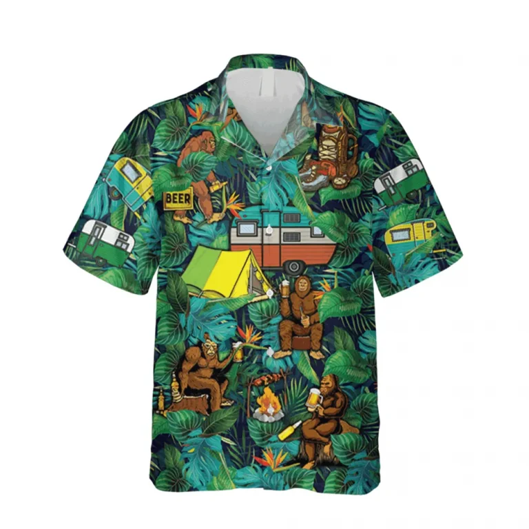 Camping Bigfoot Green Hawaiian Shirt, Gift For Him, Aloha Shirt For Mens, Womens