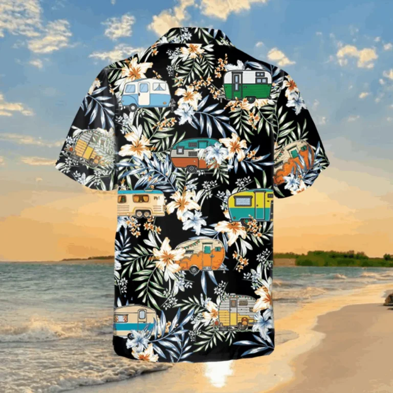 Floral Campers Black Hawaiian Shirt, Summer Clothing For Him, Aloha Shirt For Mens, Womens