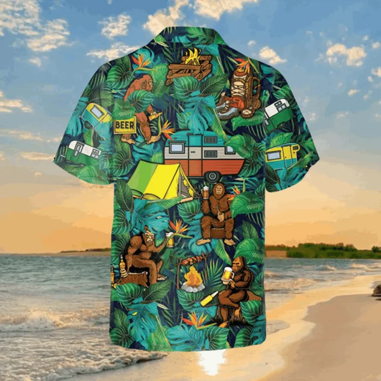 Camping Bigfoot Green Hawaiian Shirt, Gift For Him, Aloha Shirt For Mens, Womens