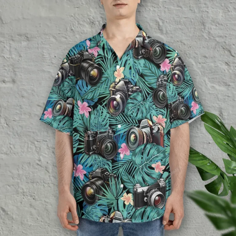 Tropical Cameras Hawaiian Shirts For Photographers, Camera Lovers Summer Beach Shirts, Aloha Shirts, Camera Unisex Button Down Short Sleeve Shirts