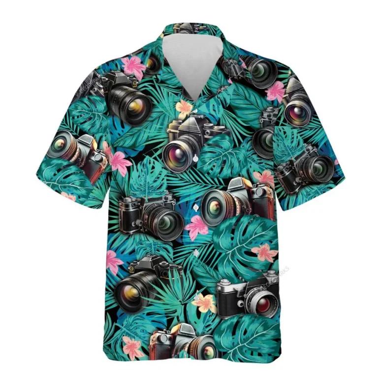 Tropical Cameras Hawaiian Shirts For Photographers, Camera Lovers Summer Beach Shirts, Aloha Shirts, Camera Unisex Button Down Short Sleeve Shirts