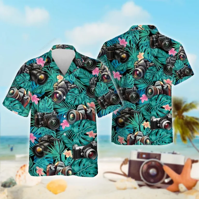 Tropical Cameras Hawaiian Shirts For Photographers, Camera Lovers Summer Beach Shirts, Aloha Shirts, Camera Unisex Button Down Short Sleeve Shirts