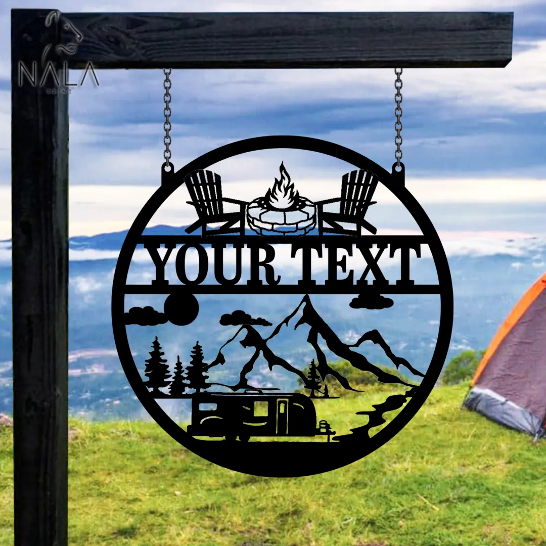 camping33.3.webp Personalized Camper Vans Metal Hanging Sign, Camping Metal Gate Decor, Garden Hanging Sign, Custom Door Decor For Camping Lovers