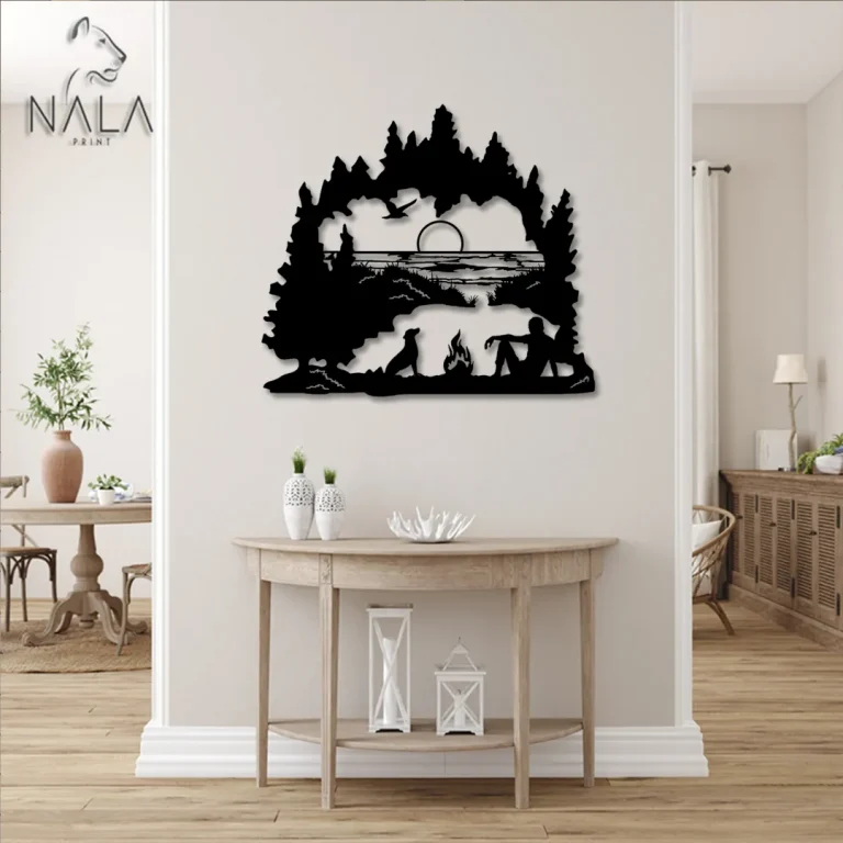 Man And Dog Camping Decorative Metal Art, Campfire Metal Wall Decor, Outdoor Wall Hanging, Perfect For Camping Lovers