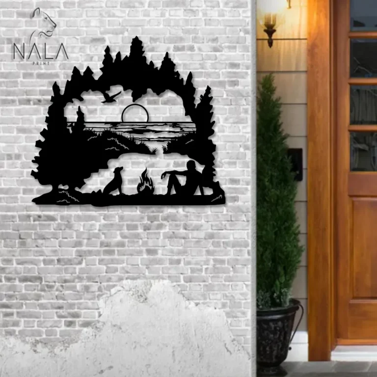 Man And Dog Camping Decorative Metal Art, Campfire Metal Wall Decor, Outdoor Wall Hanging, Perfect For Camping Lovers