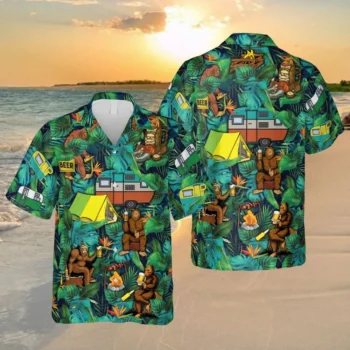 Camping Bigfoot Green Hawaiian Shirt, Gift For Him, Aloha Shirt For Mens, Womens