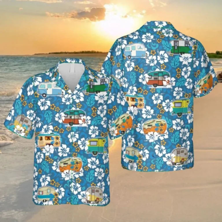 Flowers And Campers Blue Hawaiian Shirt, Gift For Husband, Aloha Shirt For Mens, Womens