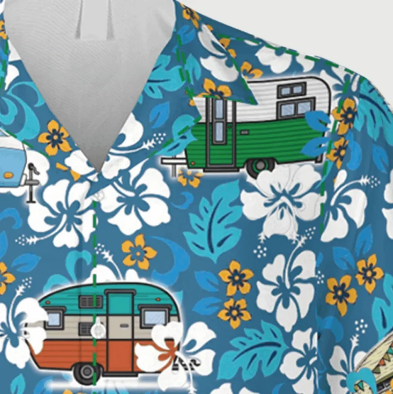 Flowers And Campers Blue Hawaiian Shirt, Gift For Husband, Aloha Shirt For Mens, Womens