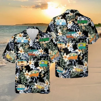 Floral Campers Black Hawaiian Shirt, Summer Clothing For Him, Aloha Shirt For Mens, Womens