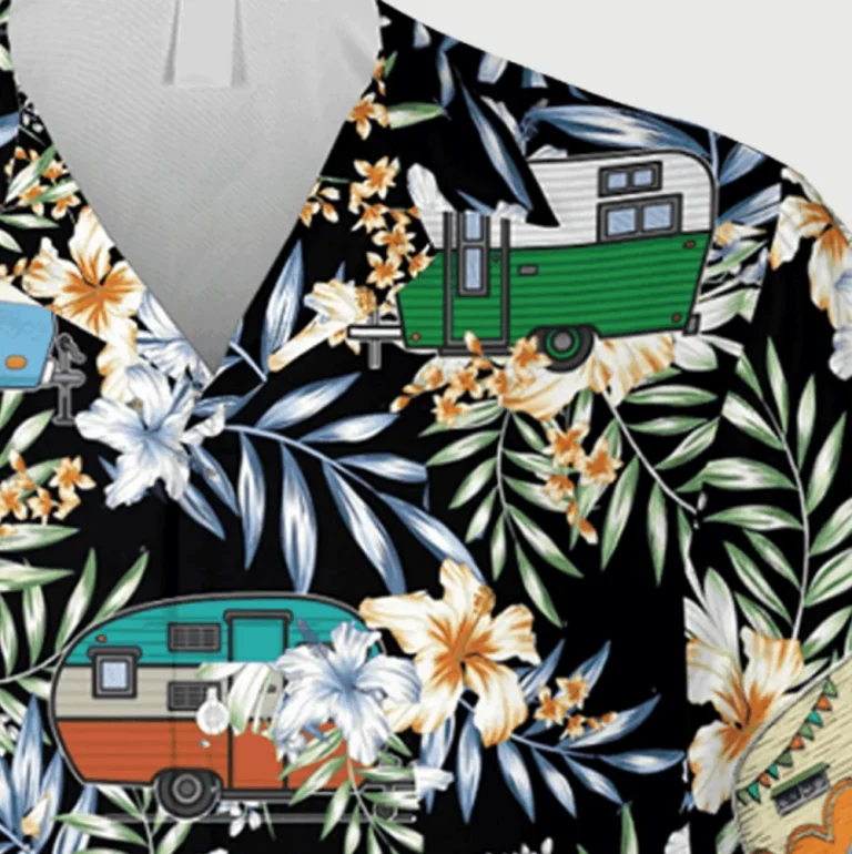 Floral Campers Black Hawaiian Shirt, Summer Clothing For Him, Aloha Shirt For Mens, Womens