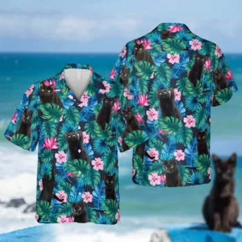 Hibicus Black Kitten Hawaiian Shirt, Gift For Mother, Aloha Shirt For Mens, Womens